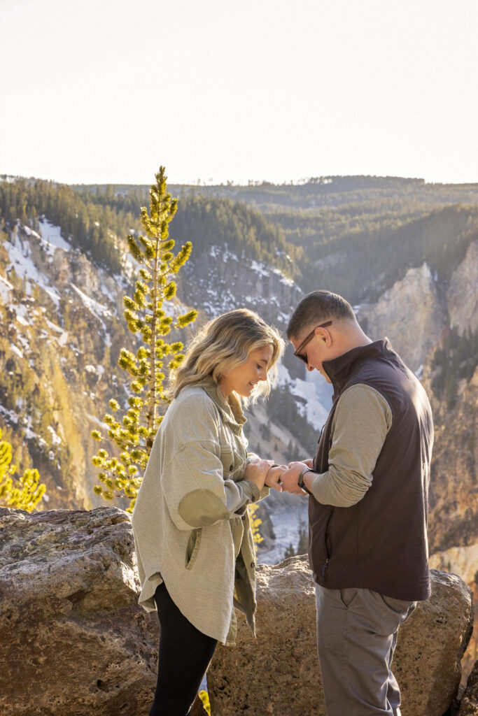 Joyful couple celebrating their engagement with Lower Falls backdrop.