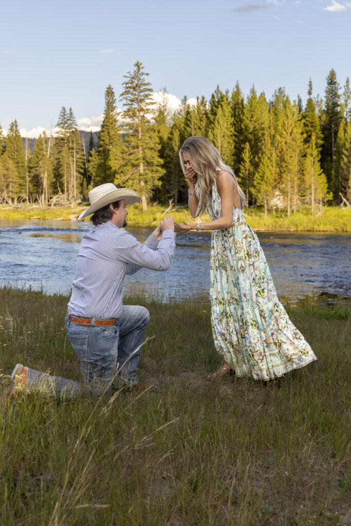 Yellowstone surprise proposal on the Madison River at sunset